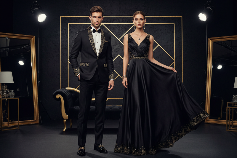 1 men and 1 women in a photo shoot wearing elegance