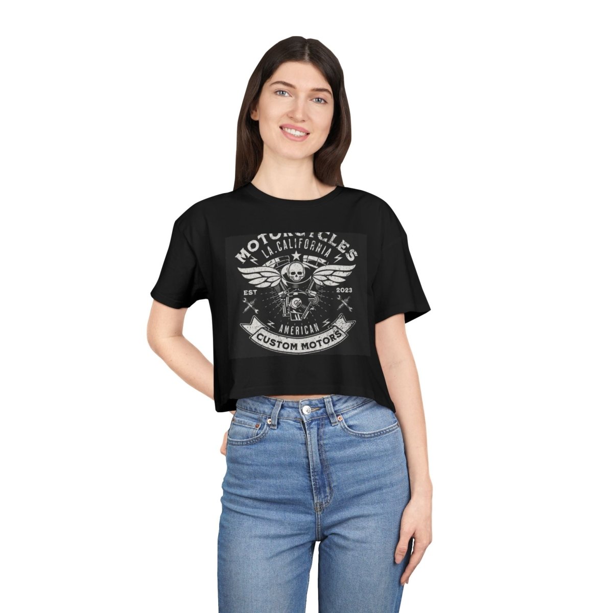 Vintage Black Motorcycle Graphic Crop Tee - Edgy Biker Style - LUXURY LEGEND