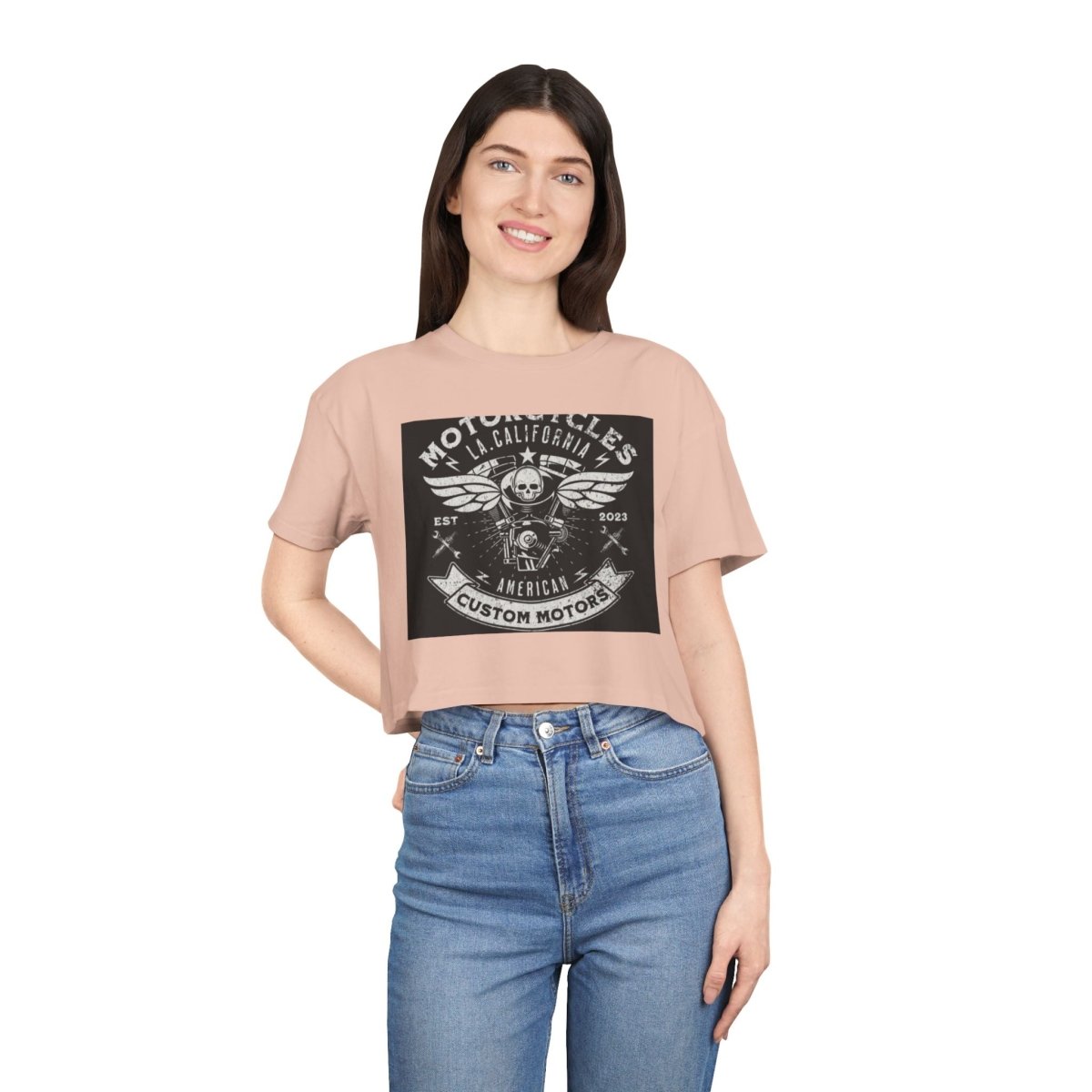 Vintage Black Motorcycle Graphic Crop Tee - Edgy Biker Style - LUXURY LEGEND